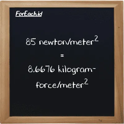 How to convert newton/meter<sup>2</sup> to kilogram-force/meter<sup>2</sup>: 85 newton/meter<sup>2</sup> (N/m<sup>2</sup>) is equivalent to 85 times 0.10197 kilogram-force/meter<sup>2</sup> (kgf/m<sup>2</sup>)